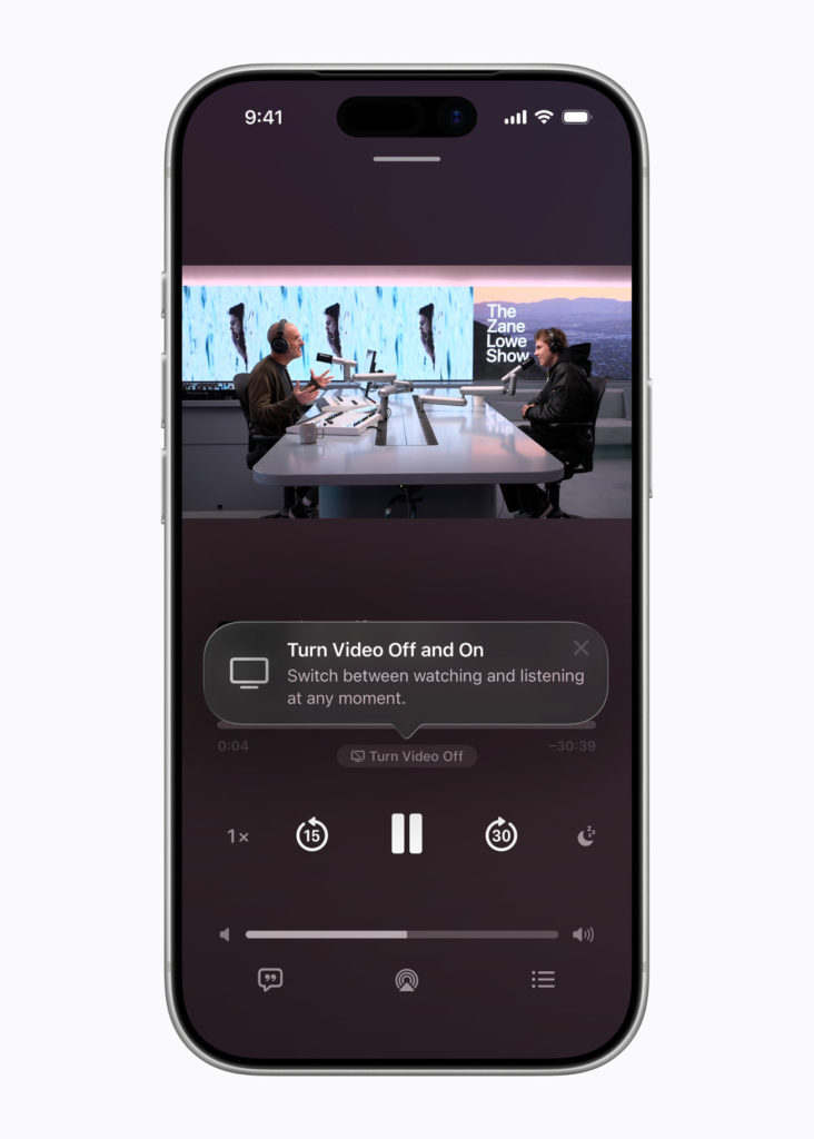 iPhone-Ansicht der Apple Podcasts App mit Video-Podcast „The Zane Lowe Show“, inklusive Hinweis auf das Umschalten zwischen Video- und Audiowiedergabe.