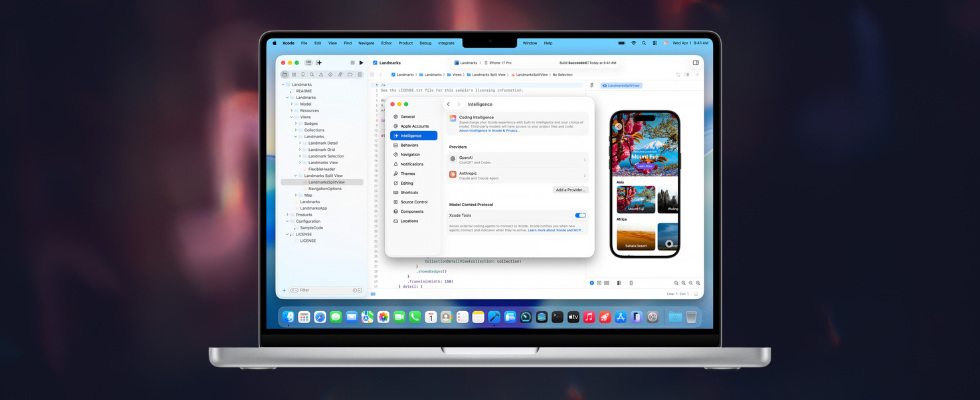 MacBook mit geöffneter Xcode-Entwicklungsumgebung, in der agent-basierte KI-Funktionen aktiv sind und eine App im Simulator angezeigt wird, während Codierungsagents in den Workflow eingebunden sind.