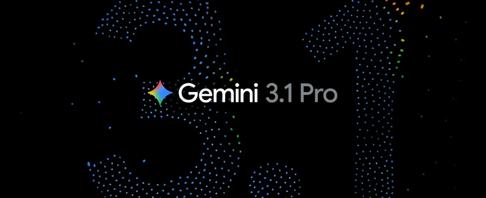 Gemini 3.1 Pro-Schriftzug vor dunklem Hintergrund mit leuchtenden Elementen als Punkte