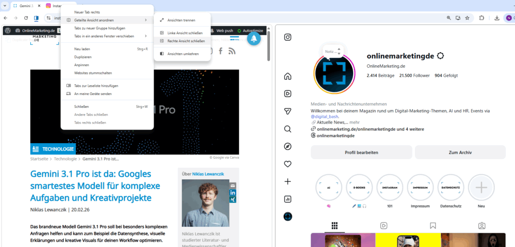 So kann die geteilte Ansicht in Chrome aussehen, eigener Screenshot