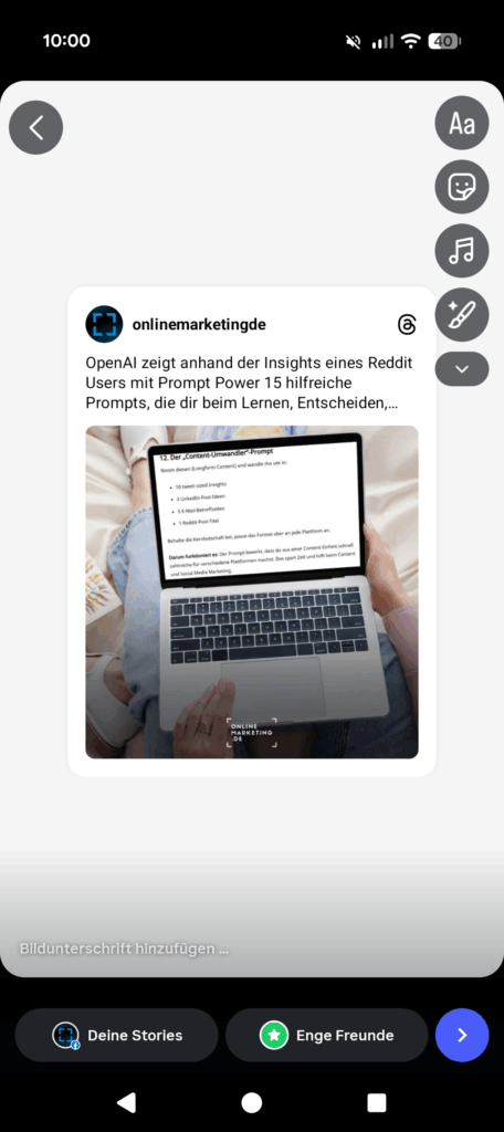 So kann eine Threads Post Story aussehen, eigener Screenshot aus der Threads App