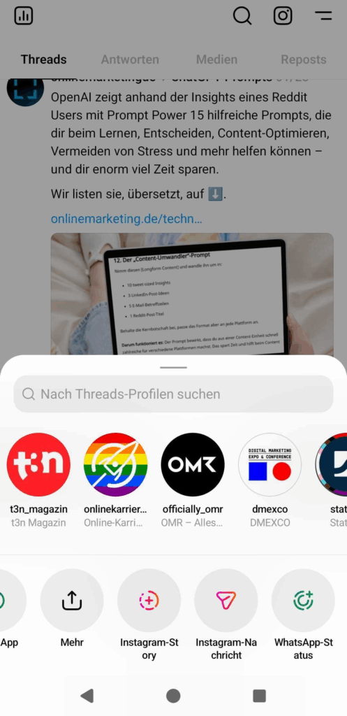 Hier wählst du die Story als unmittelbare Posting-Option aus, eigener Screenshot aus der Threads App