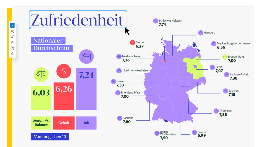 So zufrieden sind Arbeitnehmer:innen in den einzelnen Bundesländern (mit einem Klick aufs Bild gelangst du zur größeren Ansicht), © Adobe
