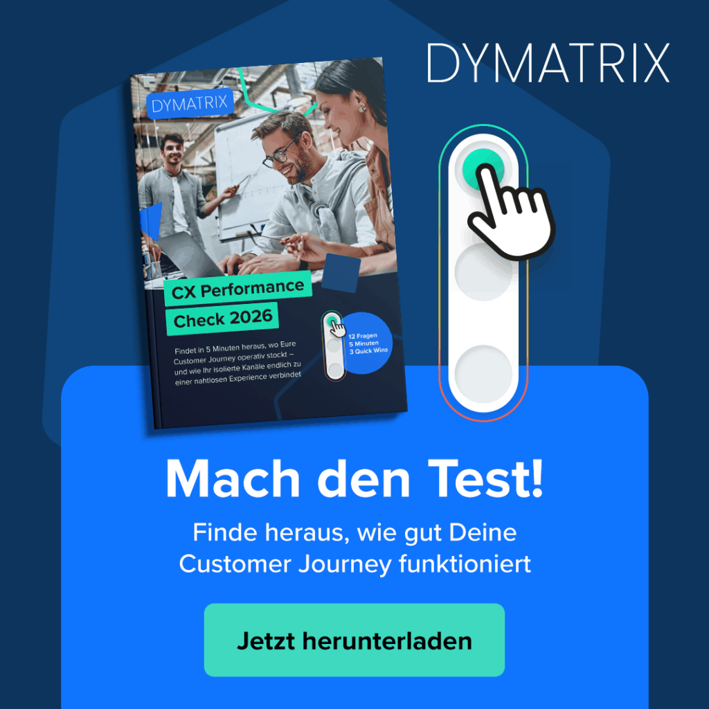 Hole dir jetzt den CX Performance Check und starte 2026 durch, © DYMATRIX, Paper und Buttons mit Zeiger sowie Text vor blauem Hintergrund