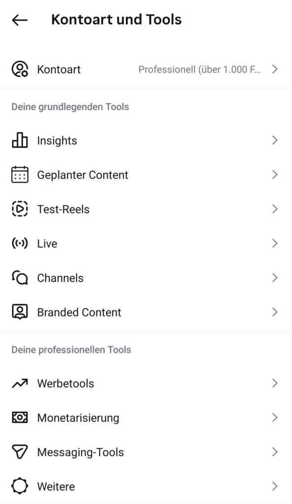 So sehen die Funktionen in einem professionellen Konto in der App aus, Screenshot Instagram App