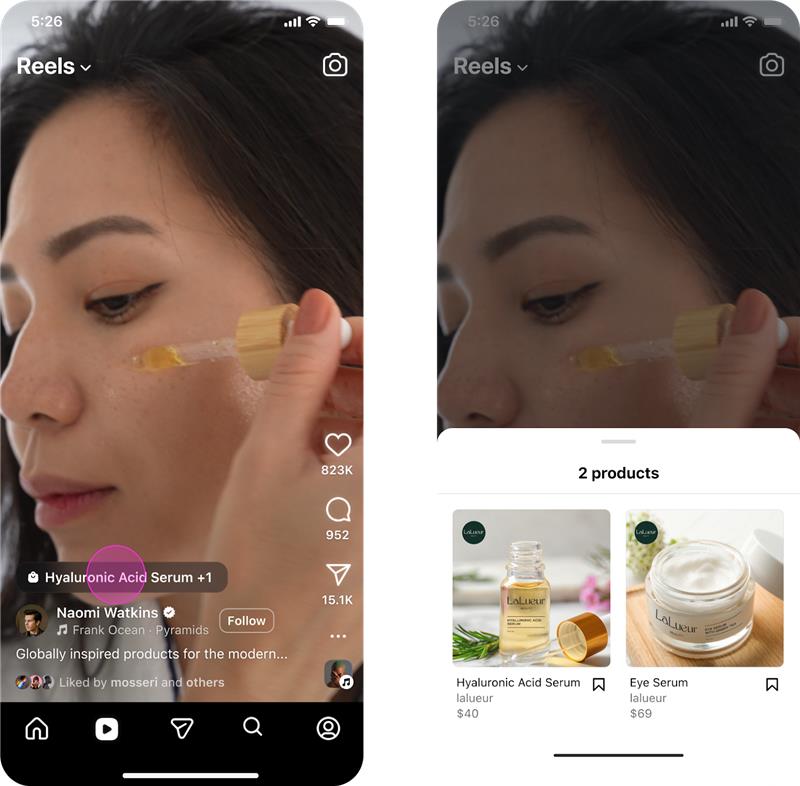Instagram Reel mit eingeblendeten Produkt-Tags für ein Serum sowie einer Produktübersicht, die User direkt aus dem Video heraus zum Kauf führt.