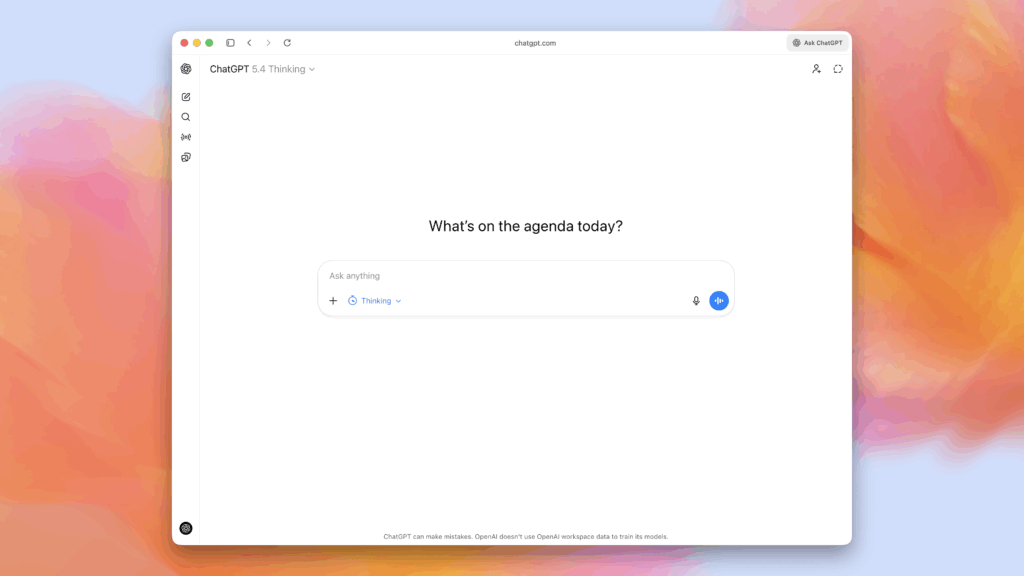 Screenshot der ChatGPT-Startoberfläche mit aktiviertem Modell „GPT-5.4 Thinking“ und Eingabefeld für neue Anfragen.