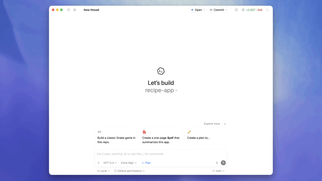 Screenshot der Codex-Oberfläche mit GPT-5.4, die ein neues Projekt („Let’s build recipe-app“) zeigt und Vorschläge für KI-gestützte Entwicklungsaufgaben anzeigt.