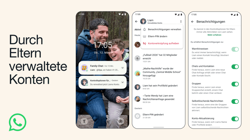 So können die durch Eltern verwalteten Konten in der Praxis aussehen, © WhatsApp