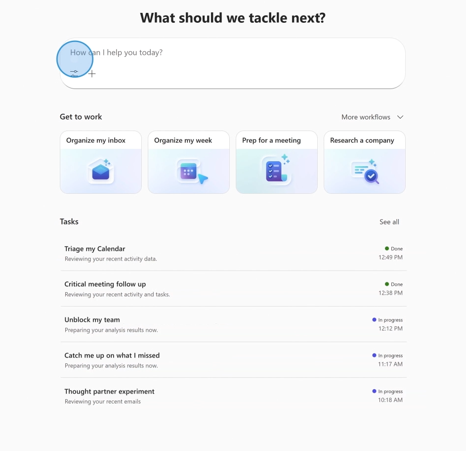 Interface von Copilot Cowork mit Aufgabenübersicht, Kalenderanalyse und Vorschlägen zur Organisation von Meetings und Arbeitswoche in Microsoft 365.
