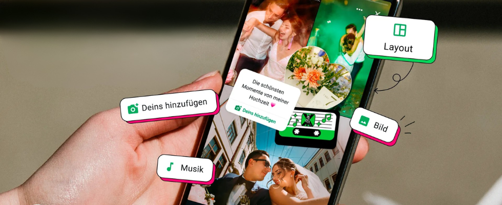 WhatsApp Status, heller Hintergrund mit Hand, Schriftzüge und Buttons