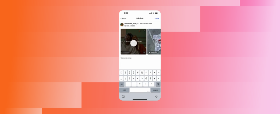 Smartphone Mockup mit Umsortierung von Carousels, orange-pinker Farbverlauf im Hintergrund