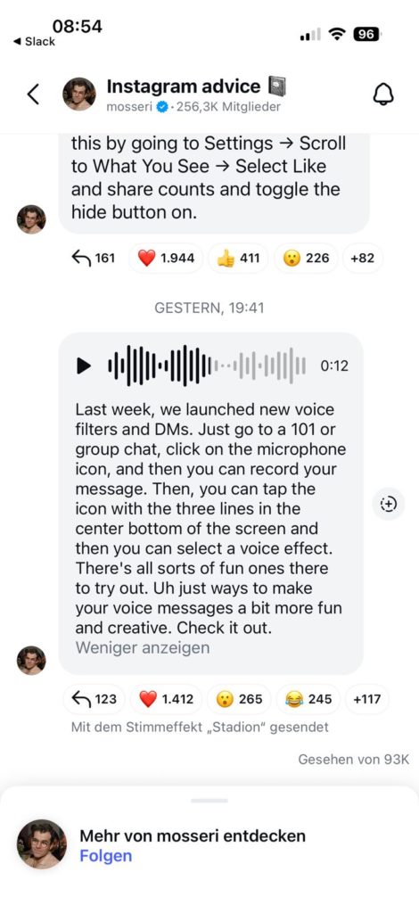 Screenshot aus dem Instagram Channel Instagram advice von Adam Mosseri mit einer Sprachnachricht und Erklärung zu neuen Voice Filters für Direktnachrichten.