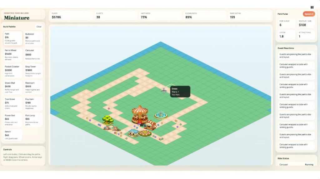 Isometrische Freizeitpark-Simulation im Browser mit Karussell, Wegen und Parkstatistiken, erstellt mithilfe von GPT-5.4 aus einem einzigen Prompt.
