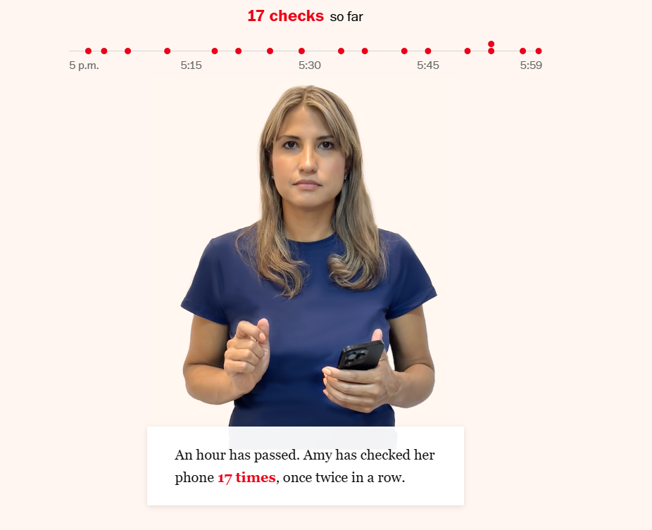 In einem Bericht der Washington Post wird skizziert, wie oft einzelne US User pro Stunde zum Smartphone greifen oder darauf schauen, © The Washington Post