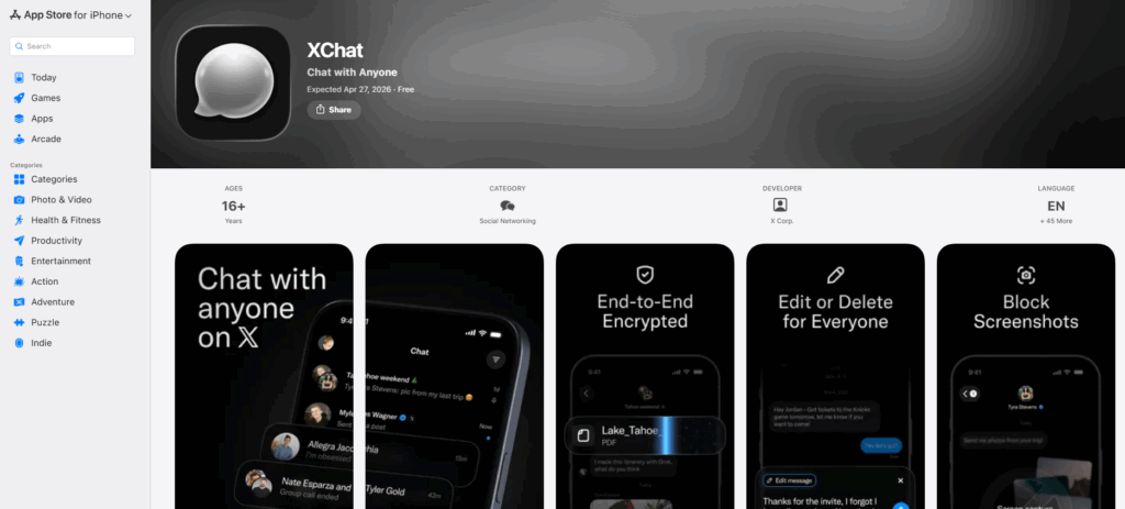 Ausschnitt der App-Infoseite für den XChat als Standalone App im App Store, © xAI