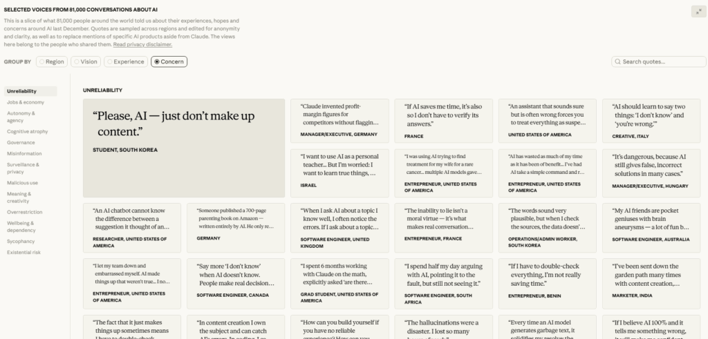 Ausschnitt der Quotes Wall aus dem Anthropic Inteviewer, © Anthropic