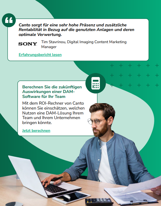 Das Paper enthält Beispiele und Tools, die dir den konkreten Mehrwert von DAM-Systemen zeigen, © Canto, Person vor Laptop, Textblöcke, Zitat, grüner Hintergrund