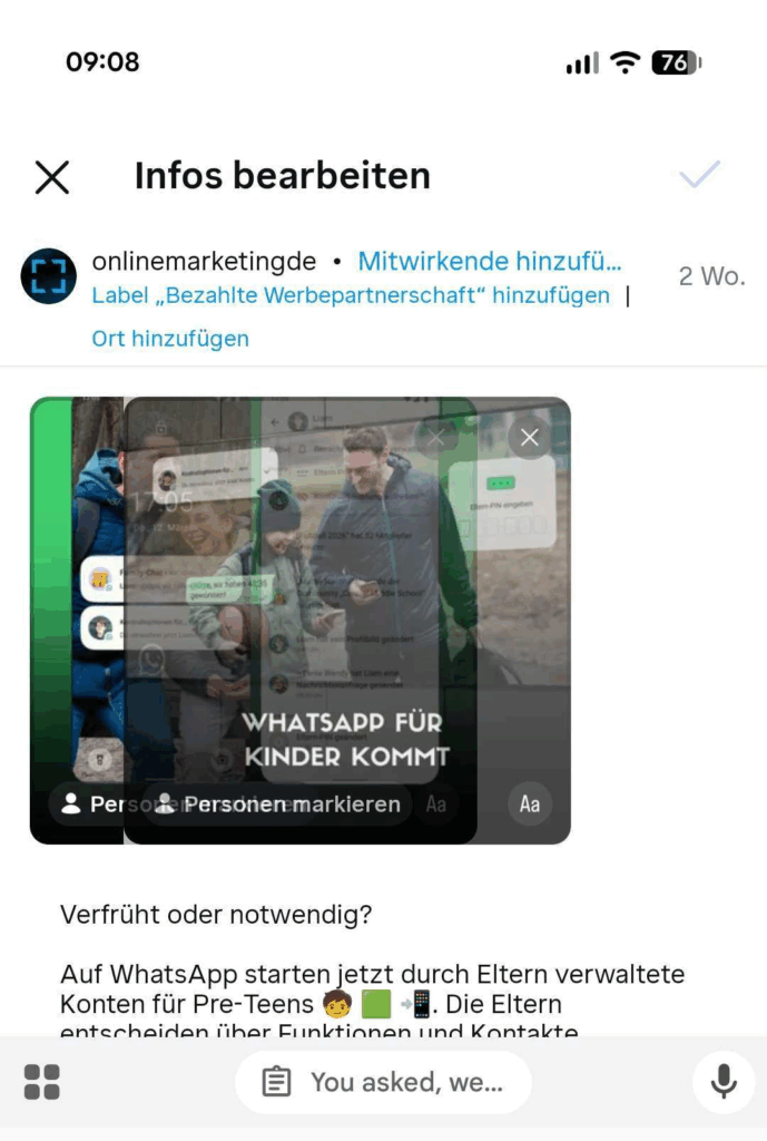 So kann es im Carousel Composer aussehen, wenn du einzelne Visuals umsortierst, eigener Screenshot aus Instagram App