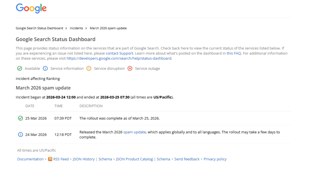 Info zum jüngsten Spam Update im Google Search Status Dashboard, © Google