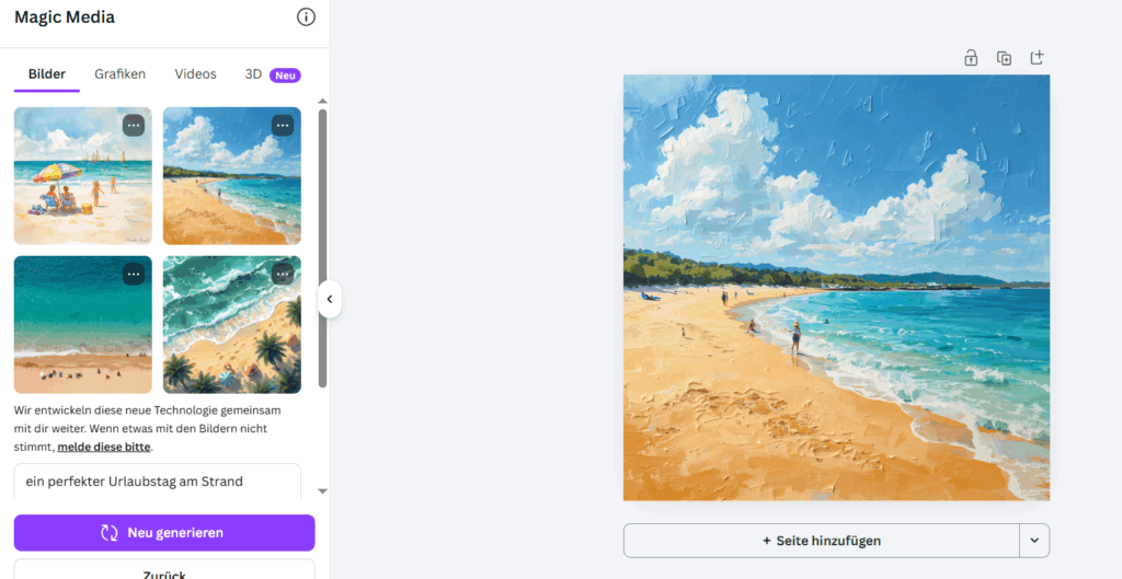 KI-Bild mit der Eingabe „ein perfekter Urlaubstag am Strand“, © Canva