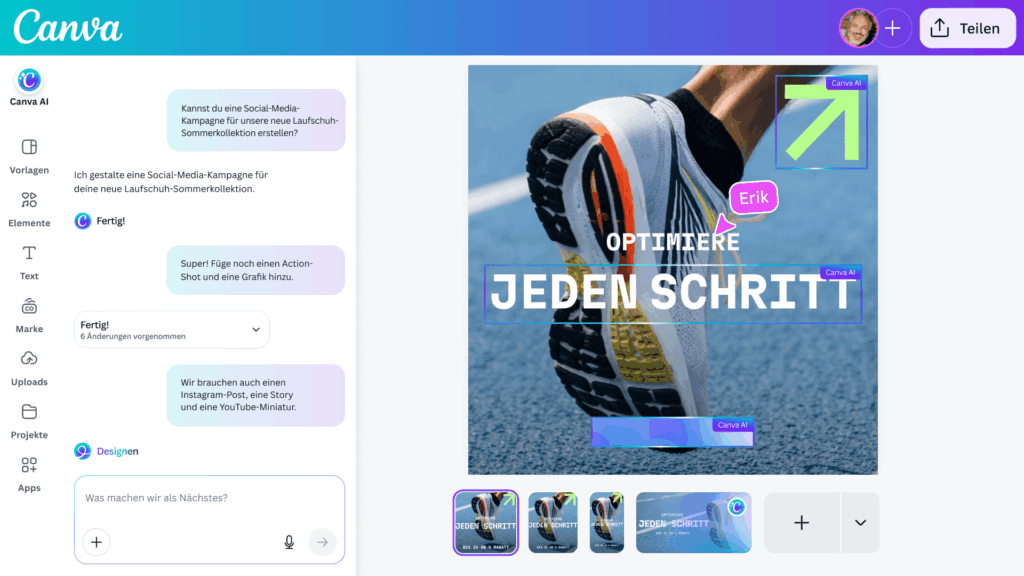 Der Kreationsprozess auf Deutsch im Dialog mit Canva AI, © Canva