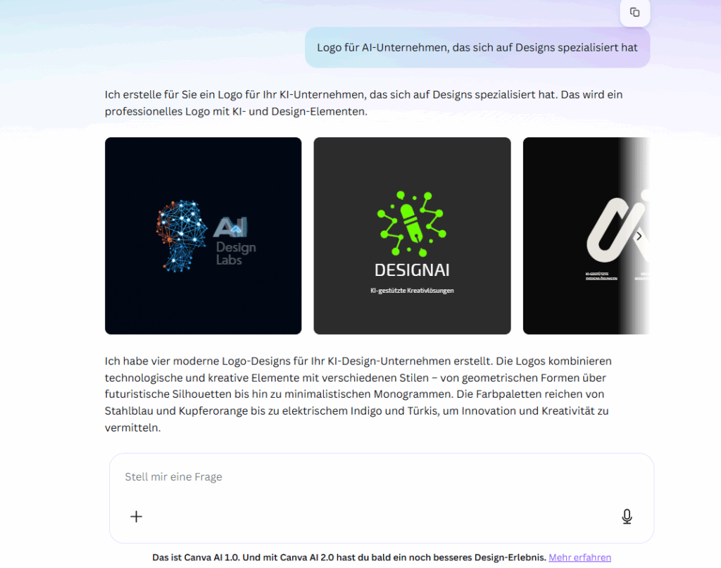 Zurzeit läuft für viele noch Canva AI 1.0; Beispiel-KI-Logo für fiktives AI-Unternehmen, das sich auf Design spezialisiert hat, © Canva