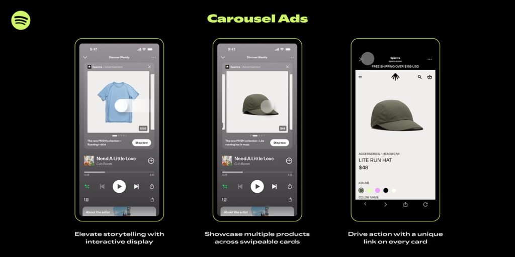 Drei Smartphone Screens zeigen Spotify Carousel Ads mit swipebaren Produktkarten, interaktiven Anzeigen und direkter Weiterleitung zu einzelnen Angeboten innerhalb der App.