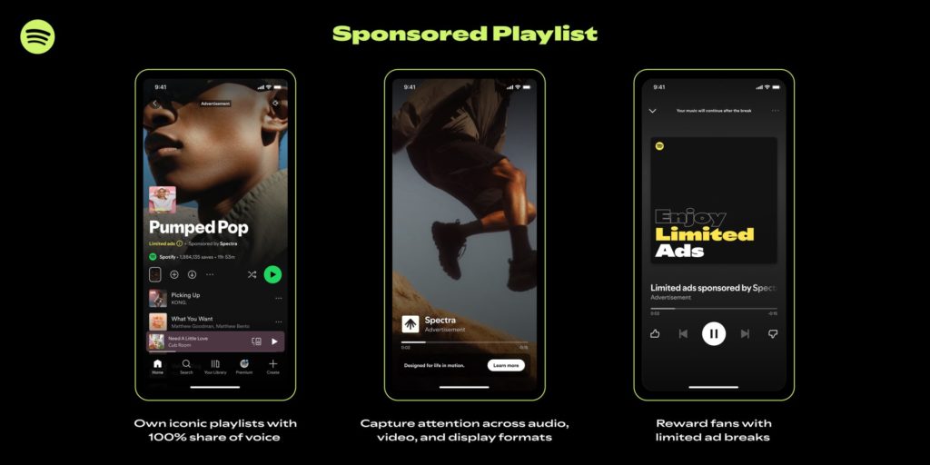 Drei Smartphone Screens zeigen das Spotify Feature Sponsored Playlists mit exklusiver Markenintegration, Audio- und Videoanzeigen sowie reduzierten Werbeunterbrechungen innerhalb einer Playlist.