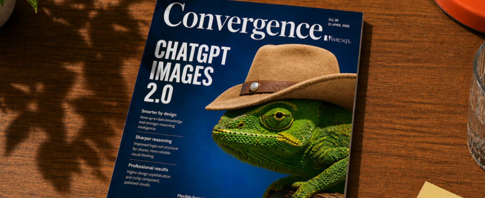 Magazin-Cover mit der Aufschrift „ChatGPT Images 2.0“ und einem detailreichen Chamäleon mit Hut als Beispiel für KI-generierte Bildqualität.