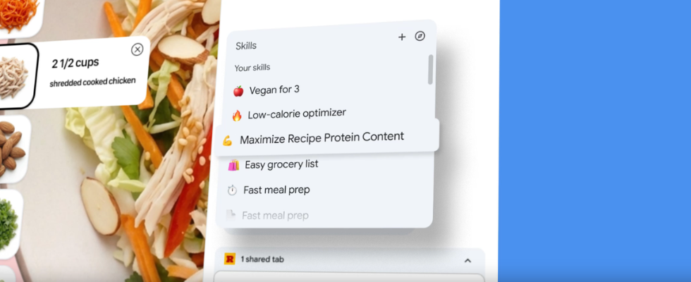 Buntes Gemini Interface mit Skills von Google, Textfeld mit Text und Emojis, Rezeptbild im Hintergrund