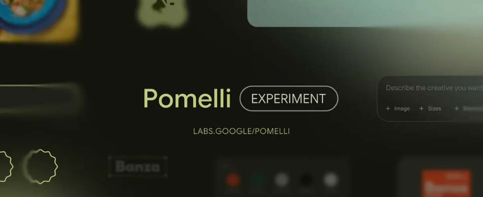 Pomelli-Schriftzug vor verschwommenem Hintergrund mit Interface samt Elementen