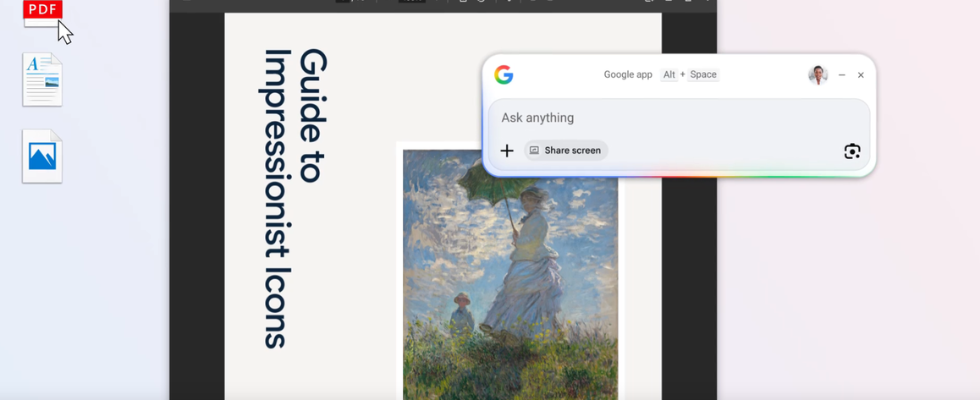 Google App Interface auf dem Desktop, Prompt Box, Bild im Hintergrund, Google-Logo und Desktop-Elemente