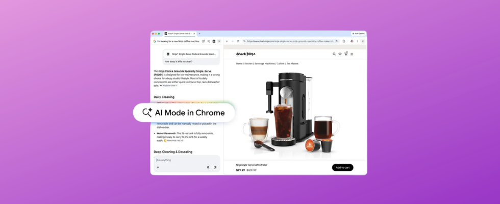 violetter Hintergrund, davor Chrome Interface mit AI Mode und geöffneter Website mit Bild von Kaffeemaschine