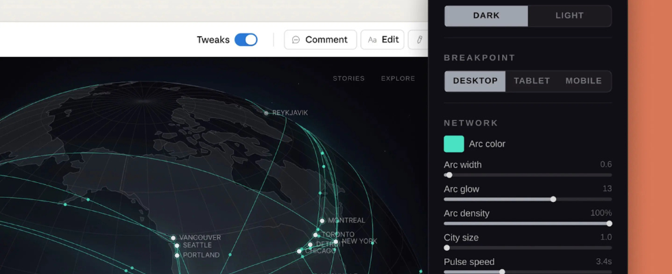 Seite in Claude Design, Weltkugel mit Punkten, Regler und Sidebar daneben