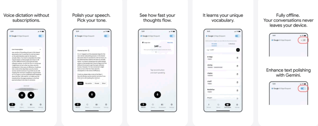 Hinweis auf die Funktionen der App im App Store, © Google, Smartphone Mockups mit Text und Textfeldern drumherum 