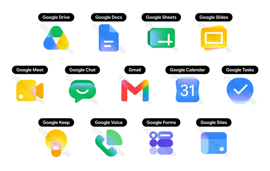 Googles neue Logos in der 9to5Google-Übersicht, © 9to5Google, Google