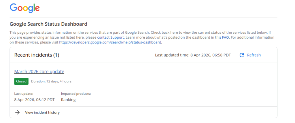 Update fertig, zeigt das Search Status Dashboard, © Google