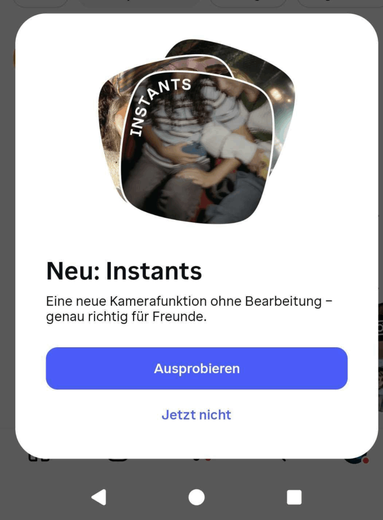 Instagram weist auf die neue Instants App hin, Screenshot Instagram App