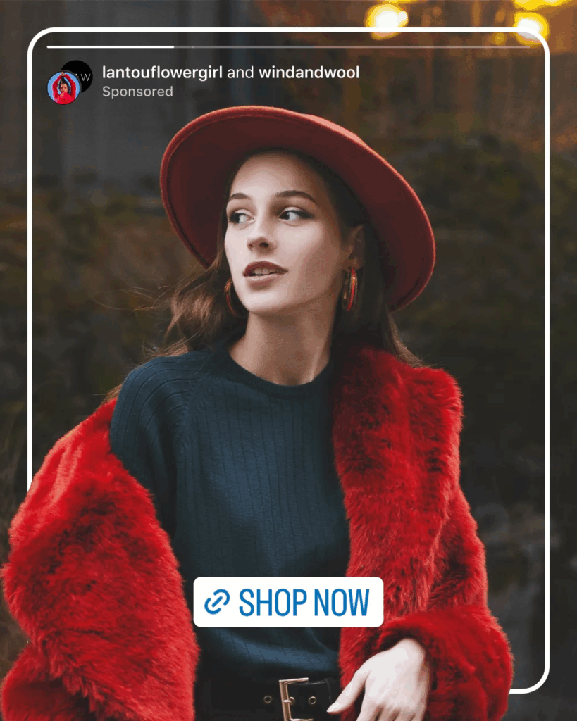Der Look von Partnership Ads auf Instagram, © Instagram, Person mir rotem Mantel und Hut, davor Shop Now CTA