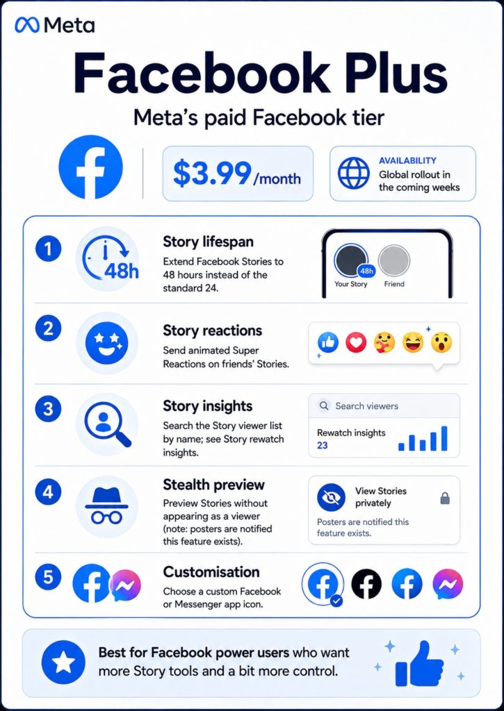 Grafik zu Facebook Plus mit Preis von 3,99 US-Dollar pro Monat sowie längeren Stories, Viewer Insights, Super Reactions und anonymen Story Previews.