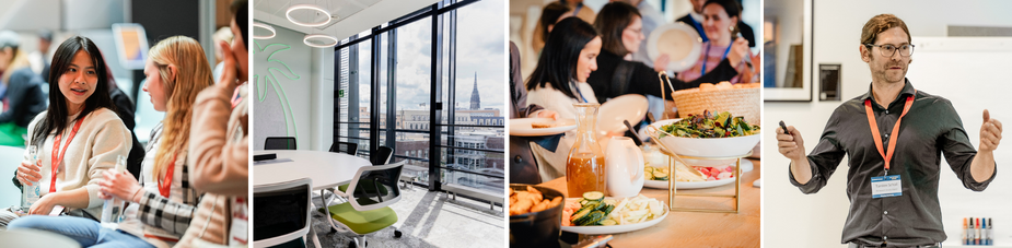 Collage mit Networking-Situationen, moderner Event Location im Microsoft Office Hamburg, Catering und Speaker bei einem Digital Bash On Tour Event.