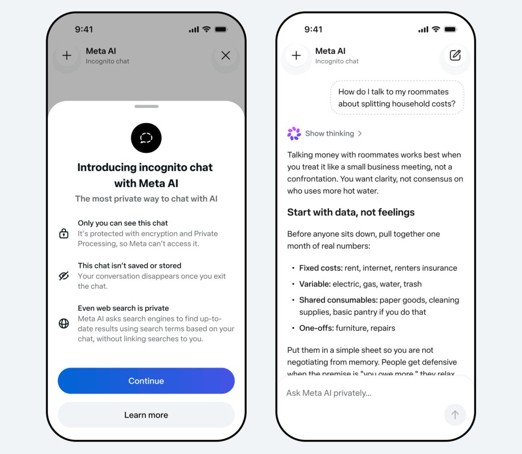 Der Inkognito-Chat ist höchst privat, eignet sich daher laut Meta für heikle Nachfragen, © Meta, Smartphone Mockups mit Meta AI Chat