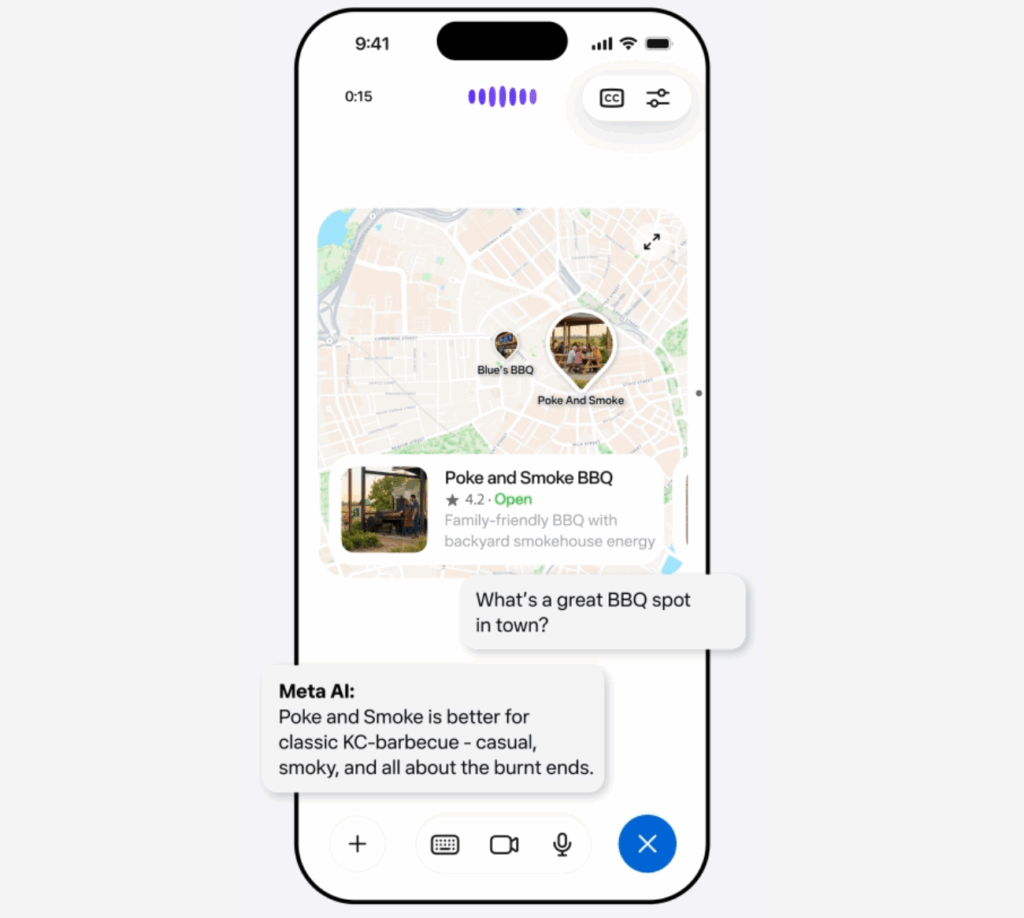 Smartphone-Ansicht von Meta AI mit Kartenintegration und Restaurantempfehlungen innerhalb einer Voice Conversation.