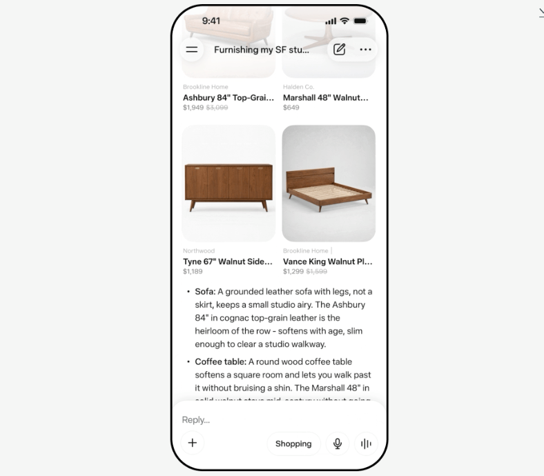 Smartphone-Ansicht der neuen Meta AI Shopping-Funktion mit Möbel Empfehlungen und Produktübersicht innerhalb eines Chats.