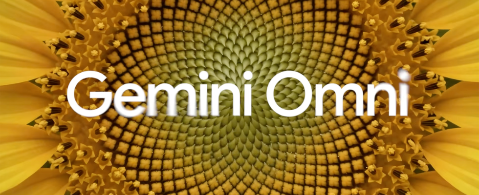 Gemini Omni mit großem Schriftzug vor einer abstrakten Sonnenblumenstruktur als Symbol für Googles neues multimodales KI-Modell.