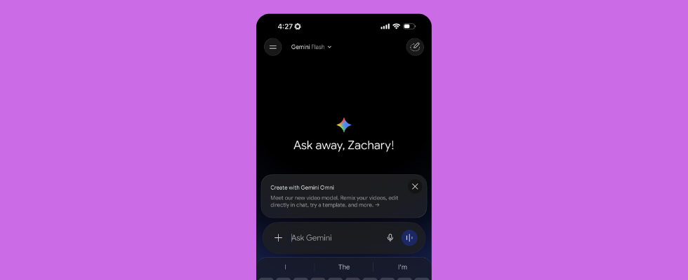 Smartphone Mockup mit Gemini Interface und Gemini Omni-Modell, violetter Hintergrund