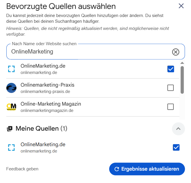 OnlineMarketing.de nutzt die neue Google-Funktion bereits, © Screenshot von Google