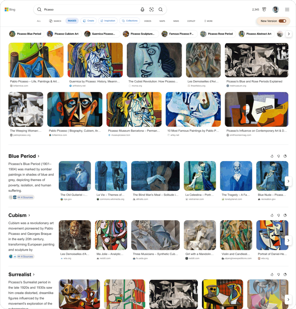 Gerade bei Informationssuchen wie hier zu Schaffensperioden eines Künstlers hilft die neue Bildersuche, © Bing, Picasso-Bilder in der Bing-Suche