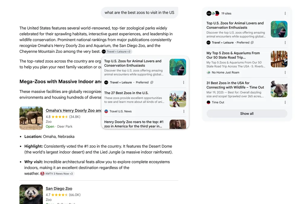 So sieht die Quellenansicht samt bevorzugten Quellen im AI Mode und in AI Overviews aus, © Google